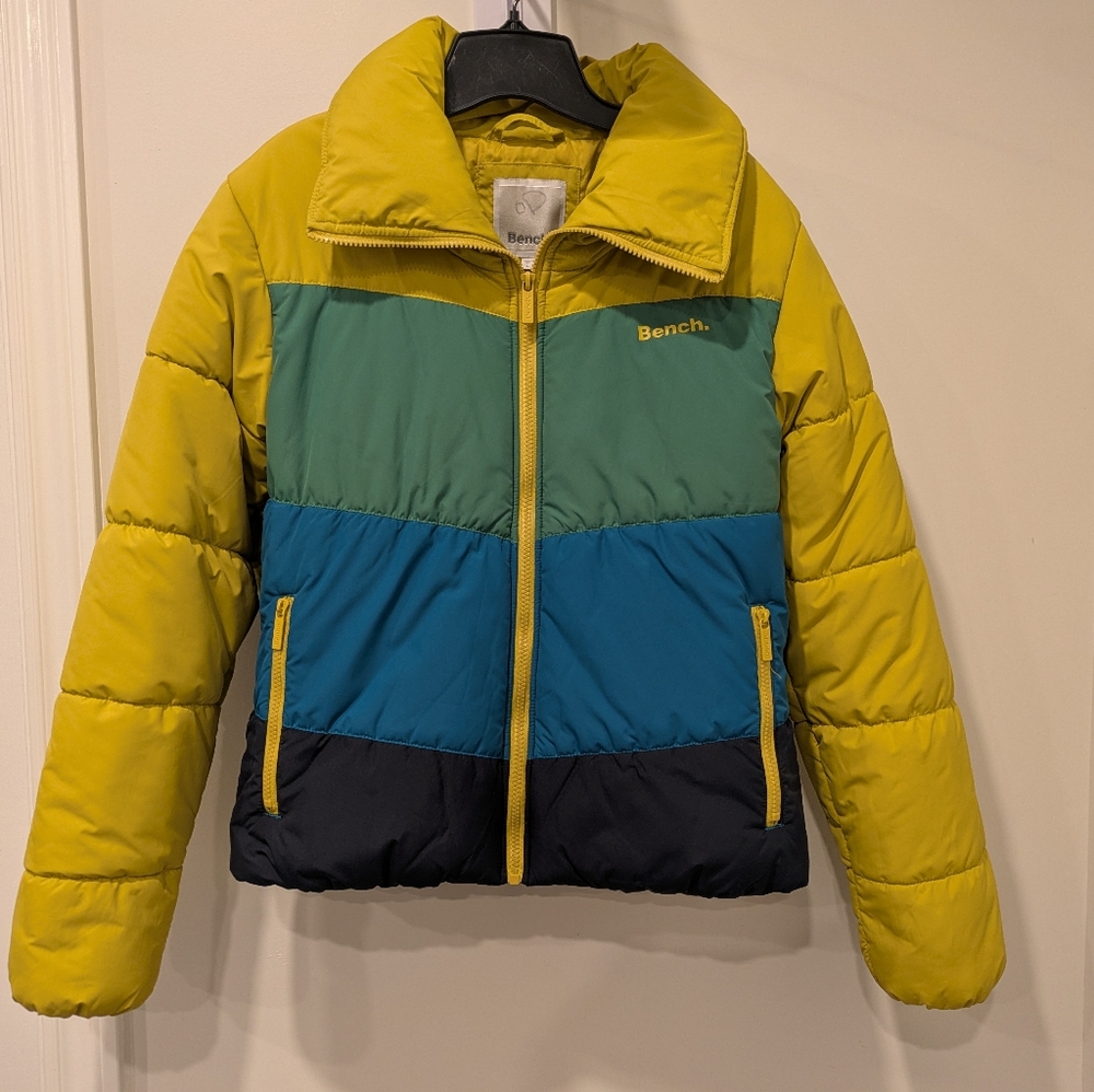 Rare Vintage Bench colour block puffer jacket, yellow w/green, teal & navy, US L